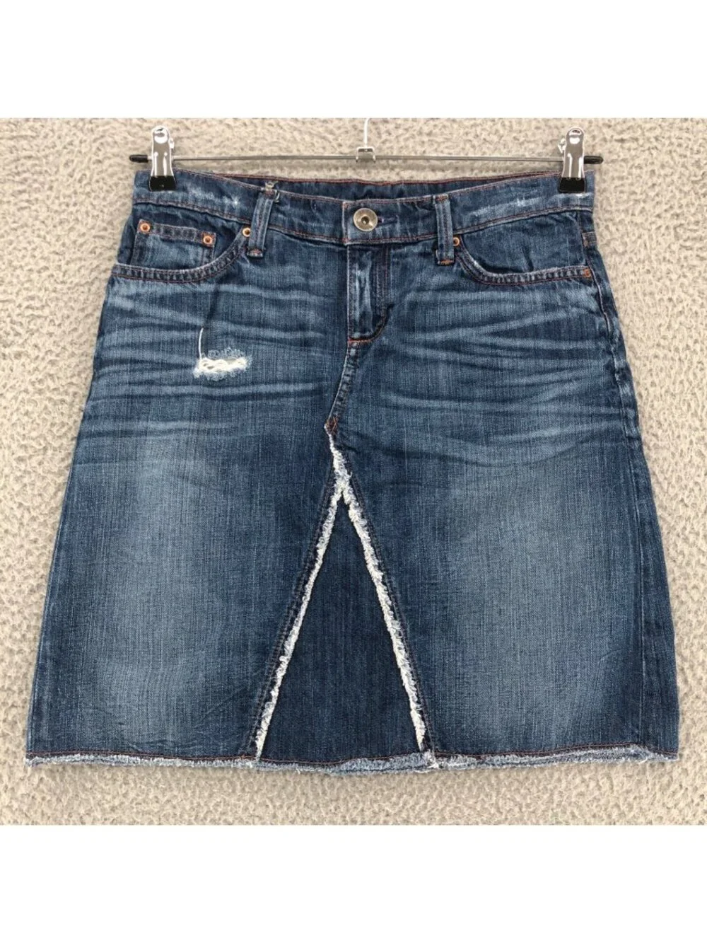 Banana Republic Skirt Womens 26 Blue Denim Mini Raw Hem Distressed Frayed Pocket